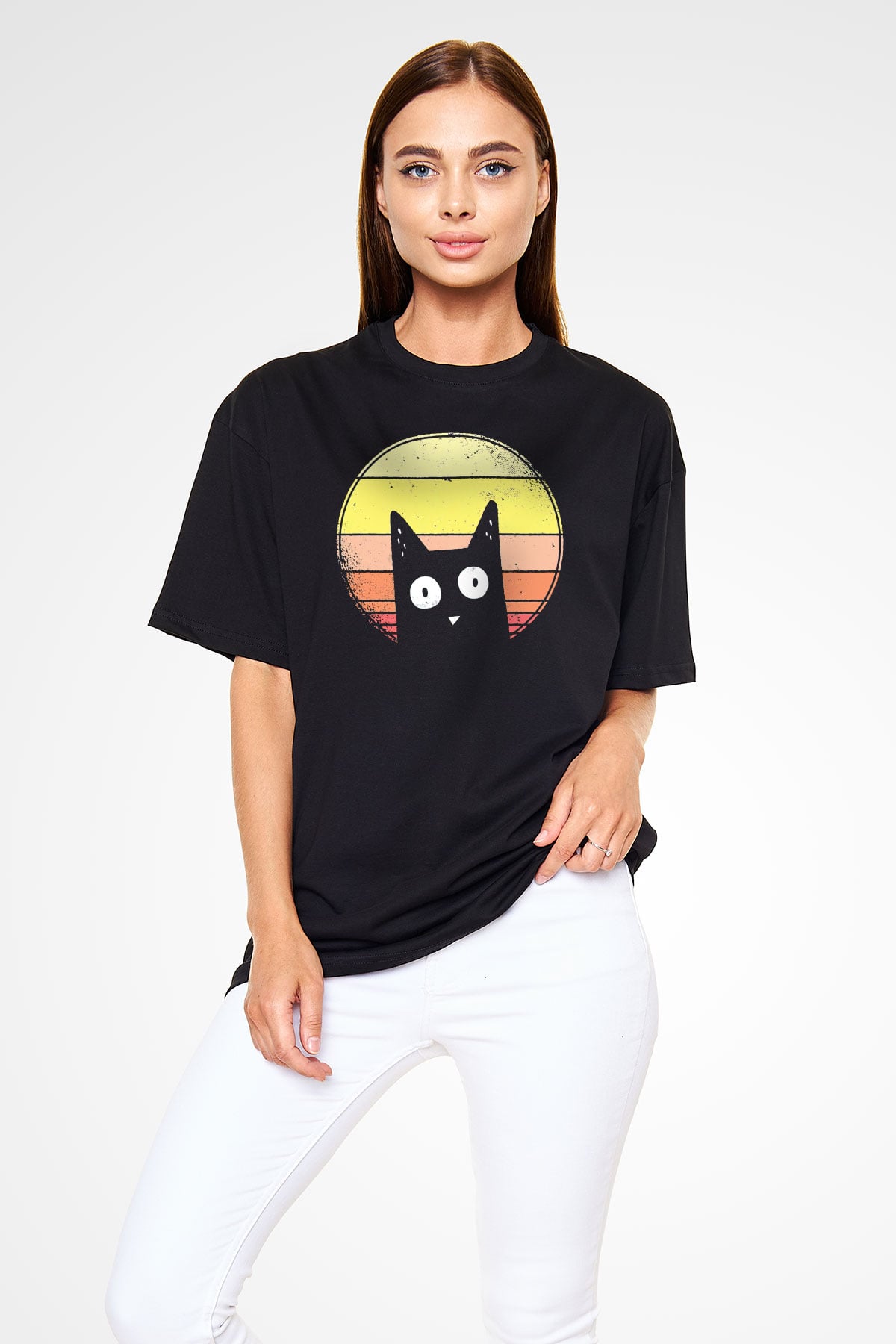 Kedi Baskılı Unisex Siyah Tshirt