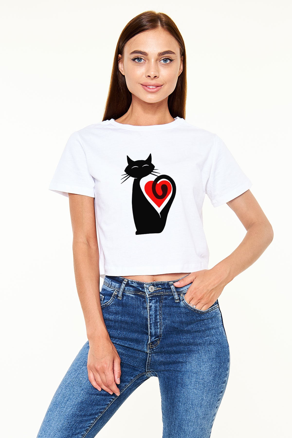 Kedi Beyaz Croptop Tişört