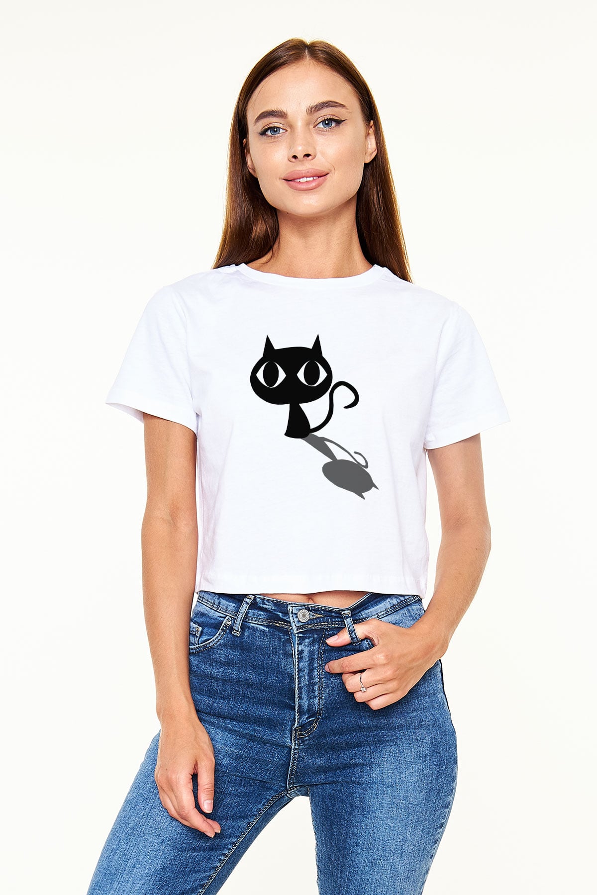 Kedi Beyaz Croptop Tişört