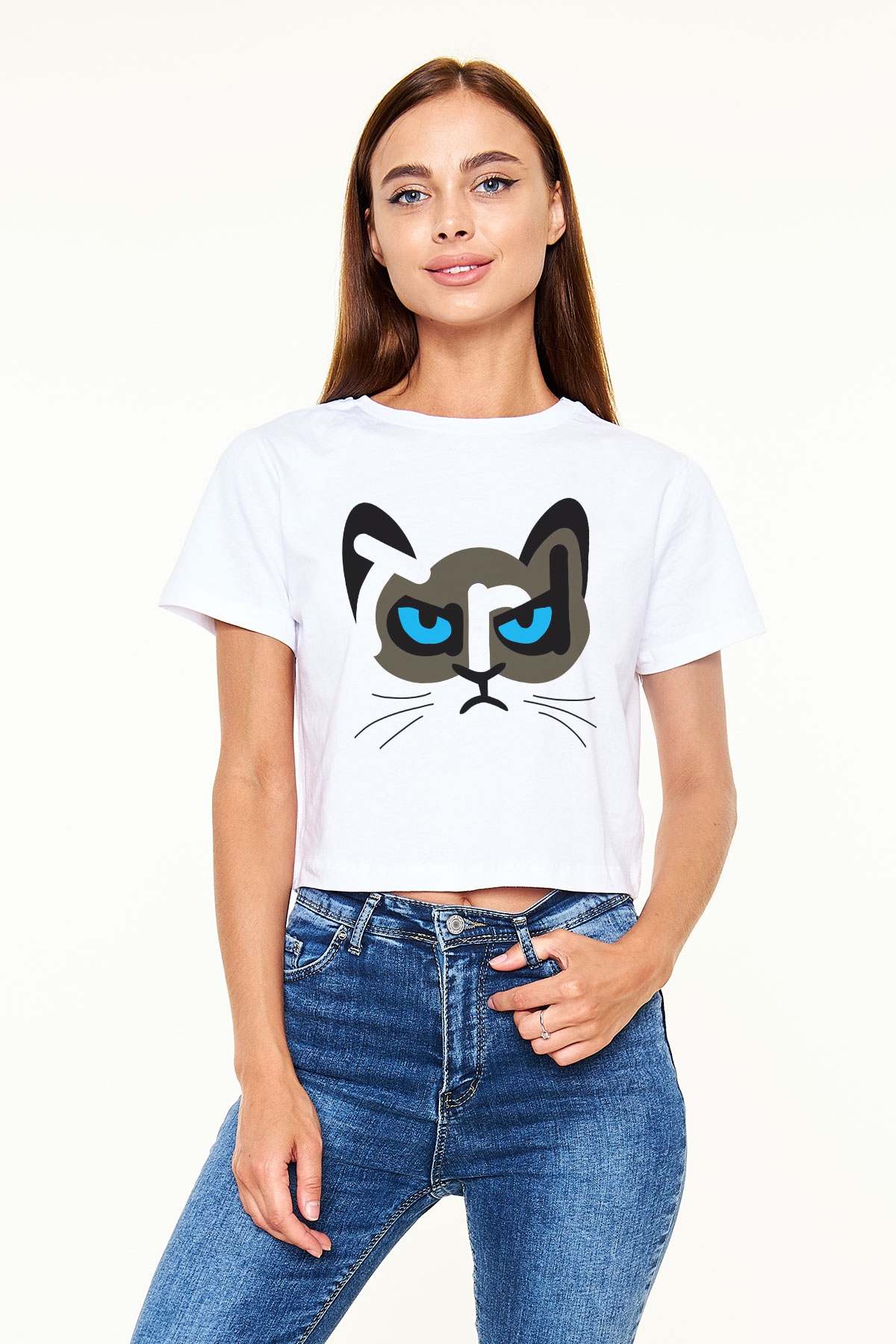 Kedi Beyaz Croptop Tişört
