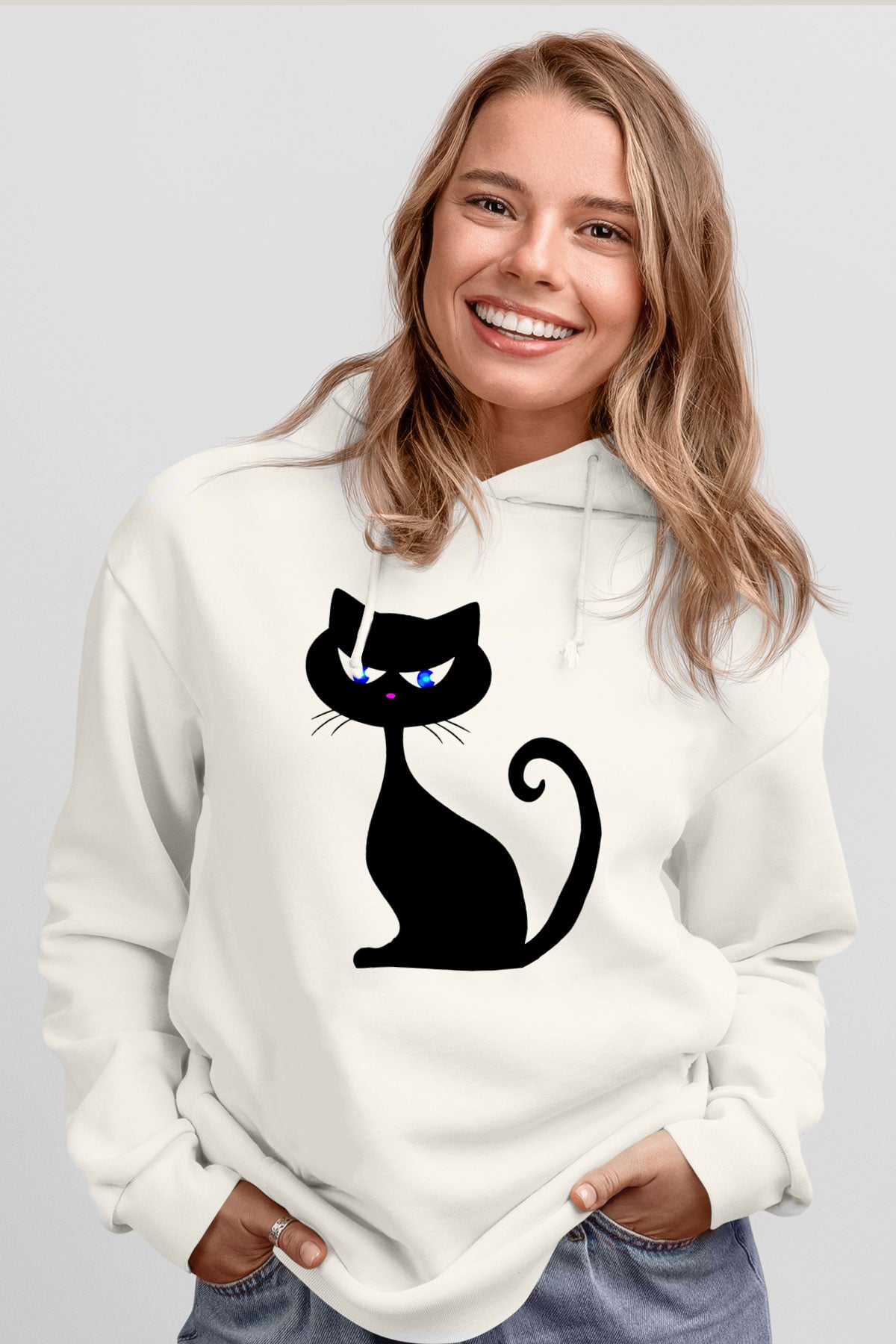 Kedi Beyaz Unisex Kapşonlu Sweatshirt