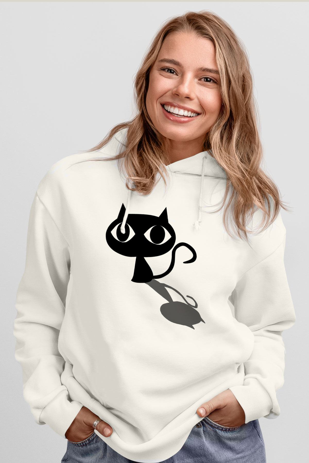 Kedi Beyaz Unisex Kapşonlu Sweatshirt