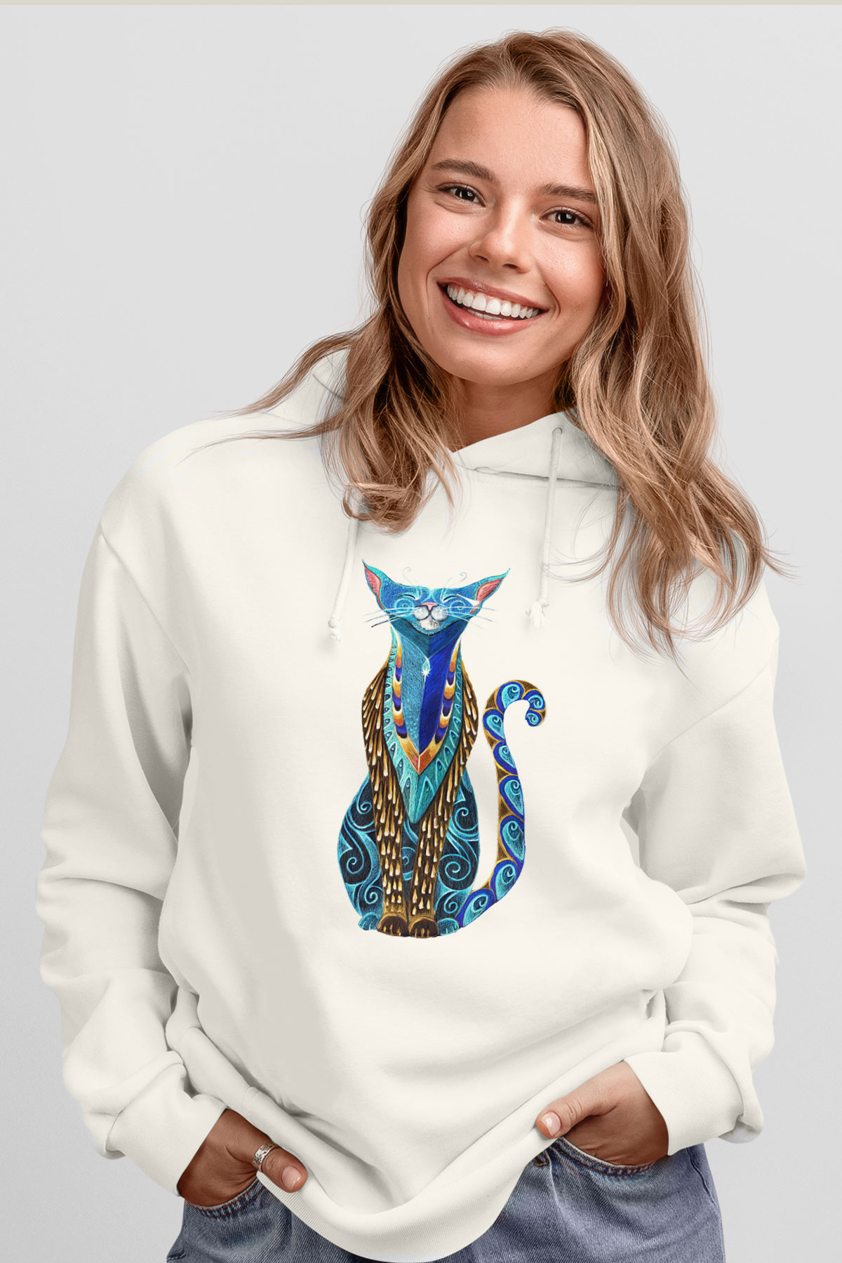 Kedi Beyaz Unisex Kapşonlu Sweatshirt