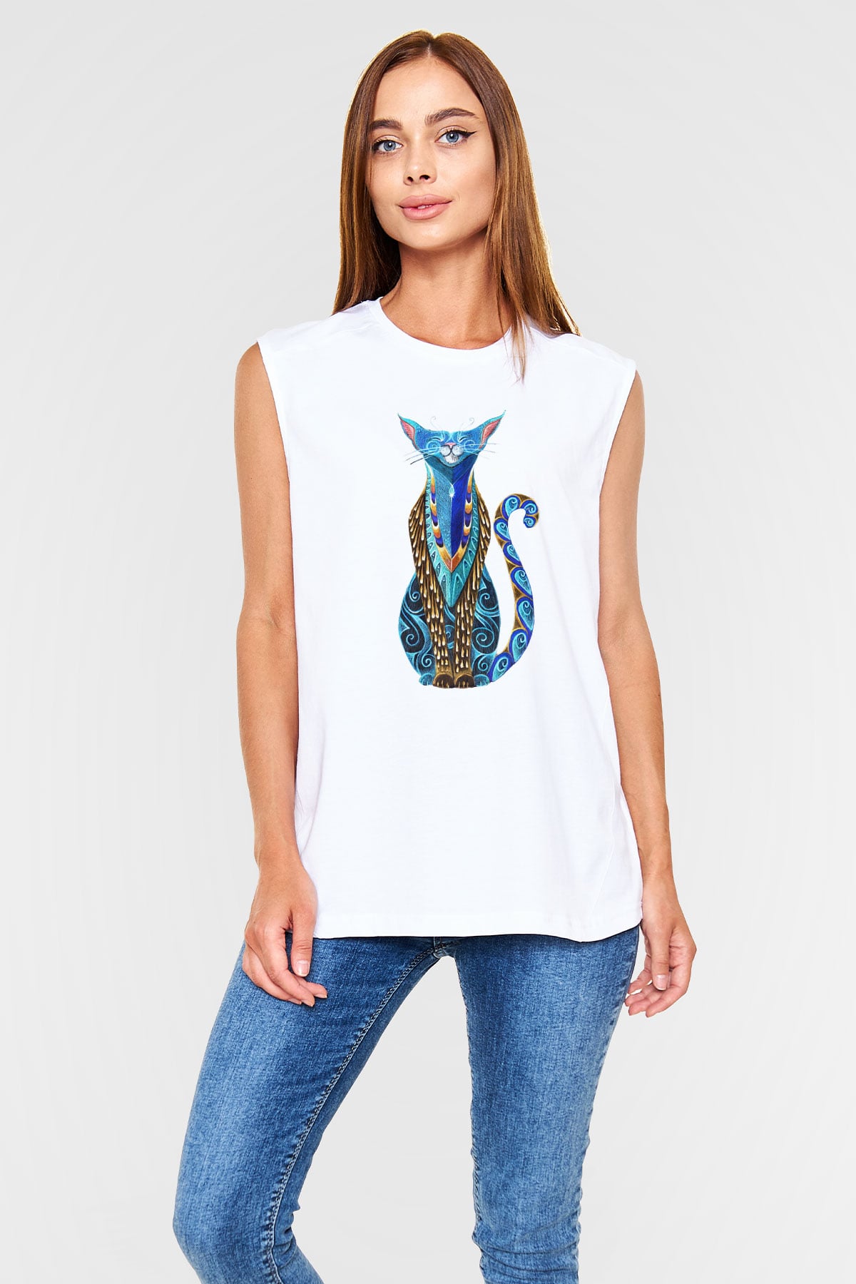 Kedi Beyaz Unisex Kolsuz Tişört
