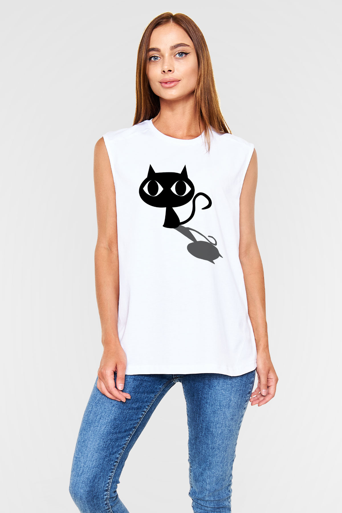 Kedi Beyaz Unisex Kolsuz Tişört