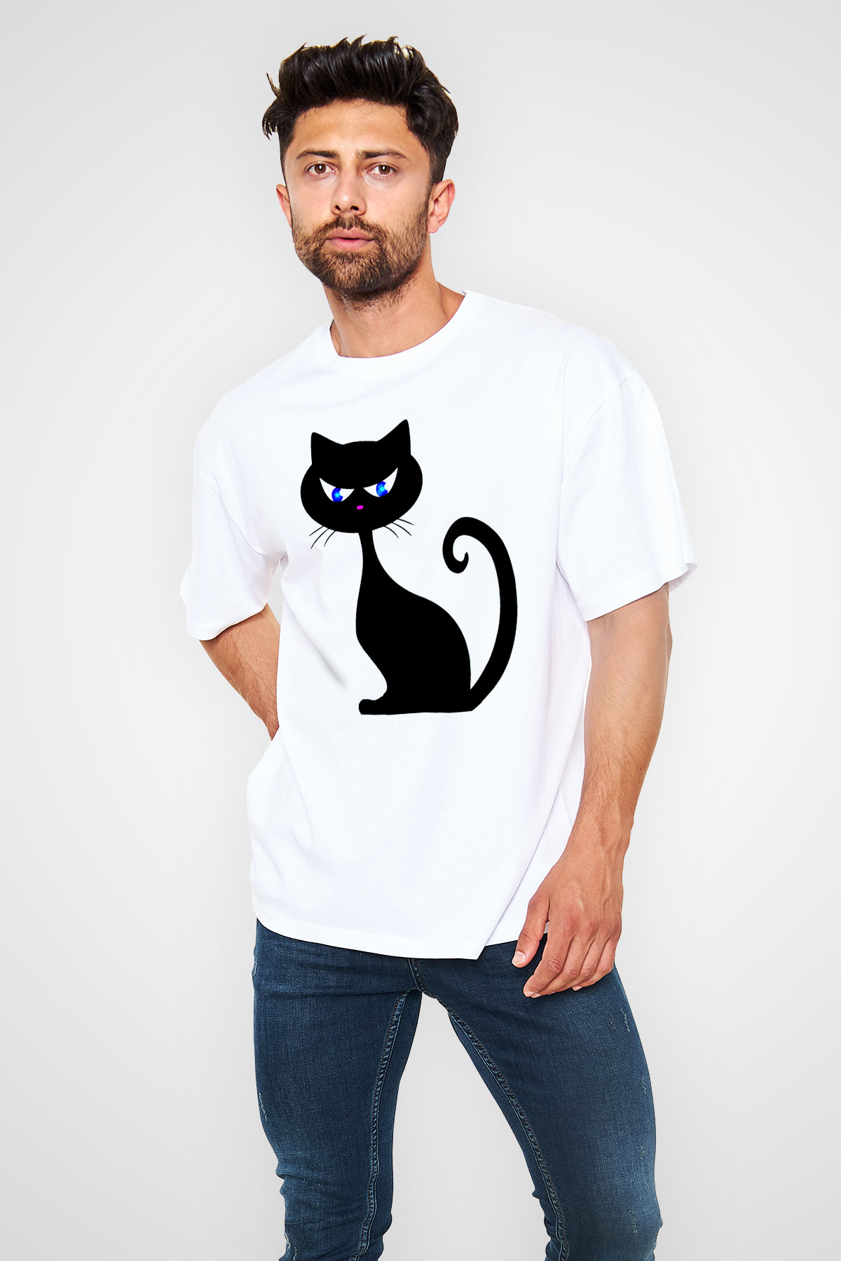 Kedi Beyaz Unisex Oversize Tişört T-Shirt