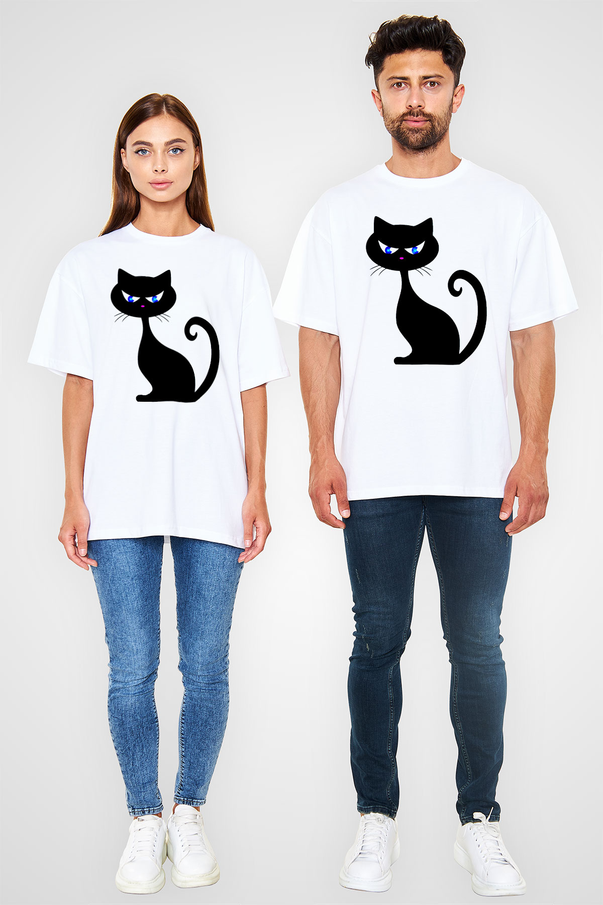 Kedi Beyaz Unisex Oversize Tişört T-Shirt