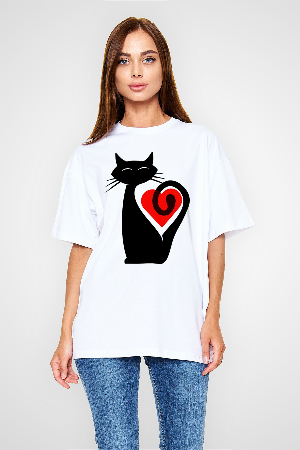 Kedi Beyaz Unisex Oversize Tişört T-Shirt