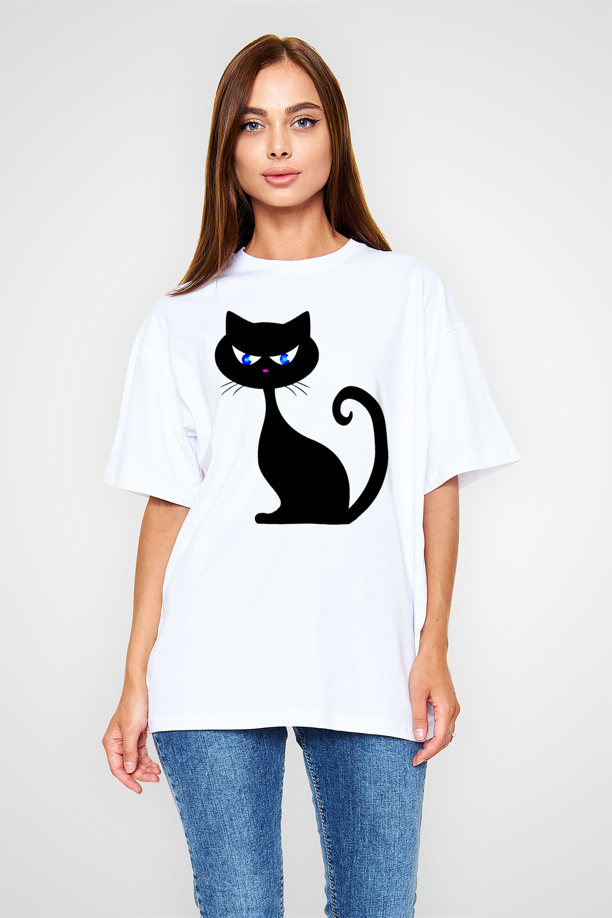 Kedi Beyaz Unisex Oversize Tişört T-Shirt