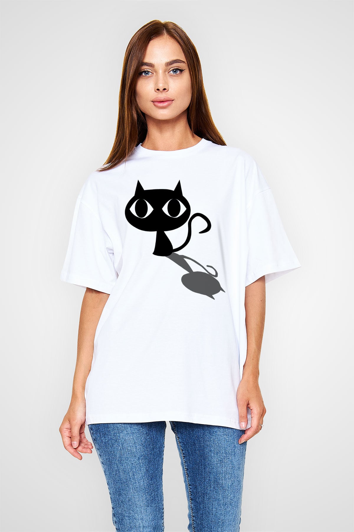 Kedi Beyaz Unisex Oversize Tişört T-Shirt