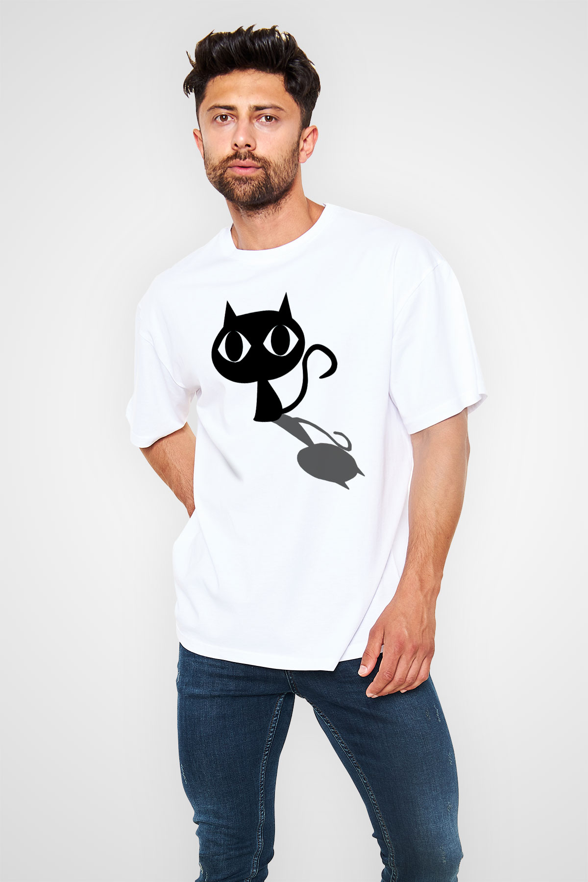 Kedi Beyaz Unisex Oversize Tişört T-Shirt
