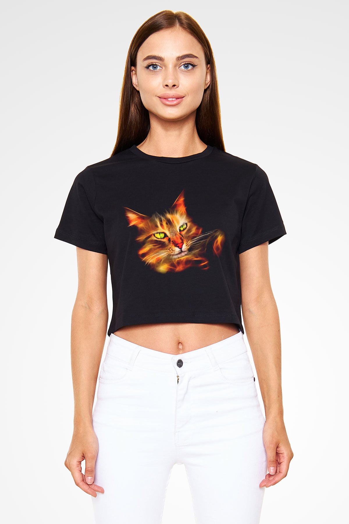 Kedi Siyah Crop Top Tişört