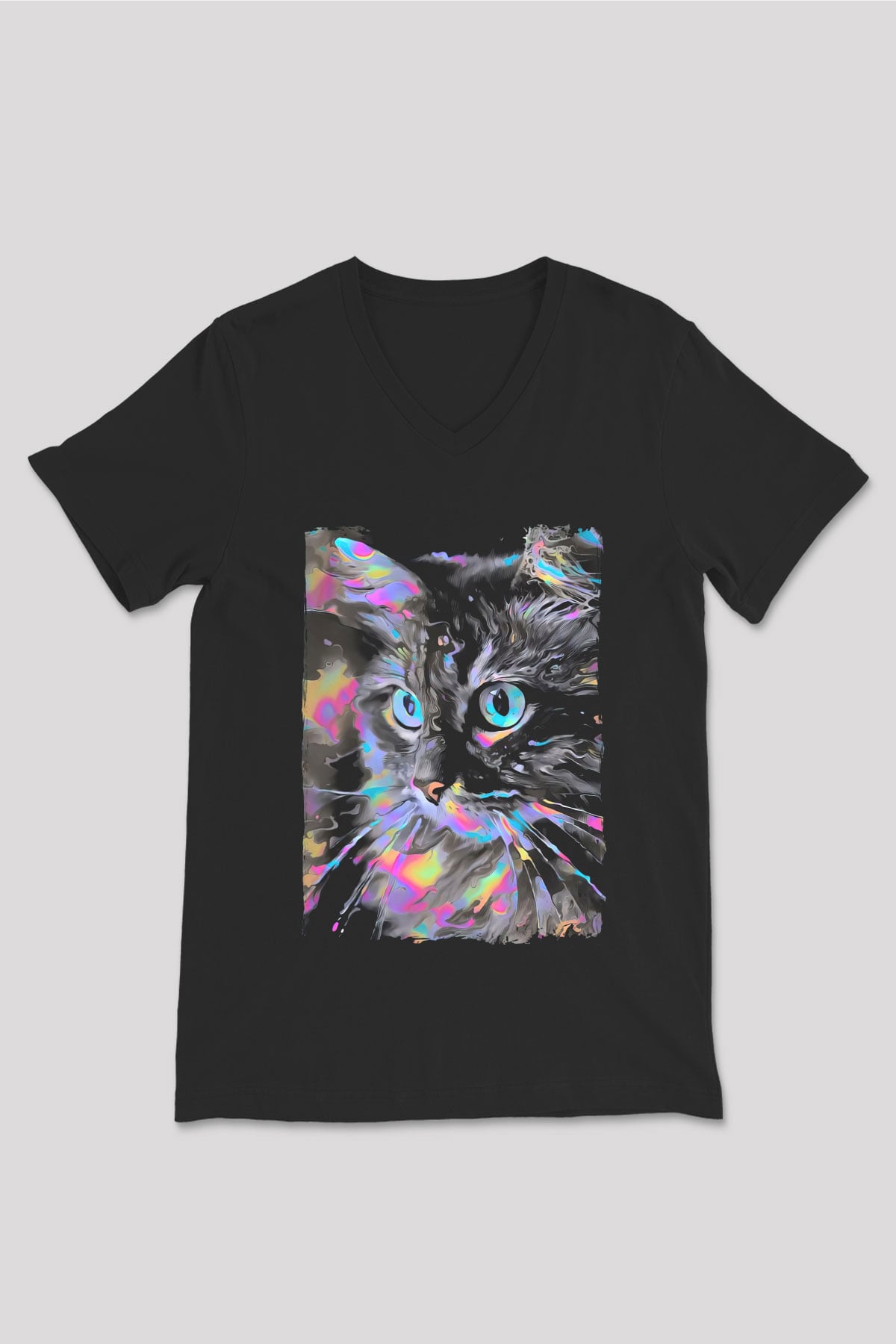 Kedi Siyah Unisex V Yaka Tişört