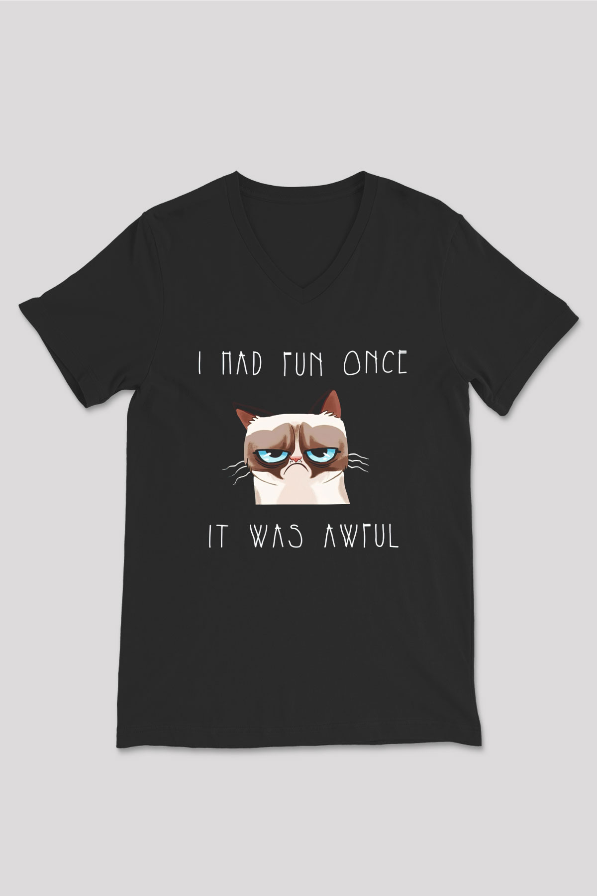 Kedi Siyah Unisex V Yaka Tişört T-Shirt