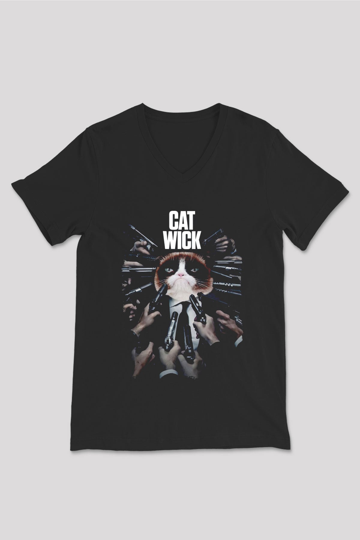 Kedi Wick Baskılı Unisex Siyah  V Yaka Tişört
