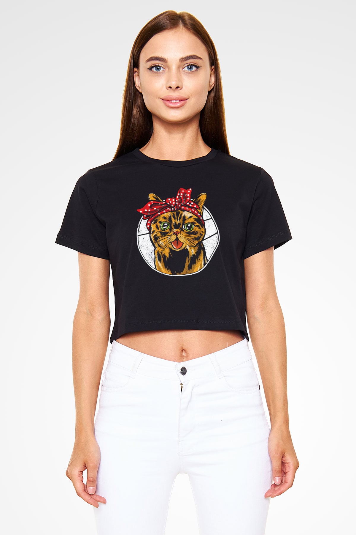 Kedicik Baskılı  Siyah  Crop Top Tişört
