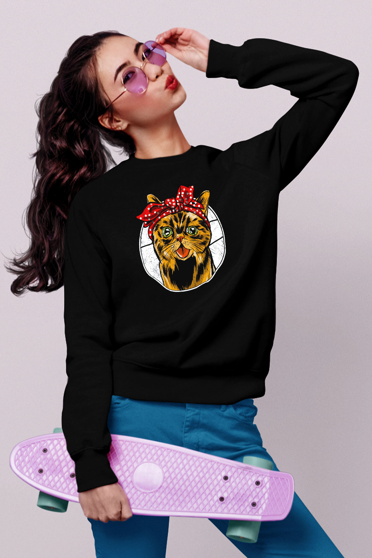Kedicik Baskılı Unisex Siyah  Sweatshirt