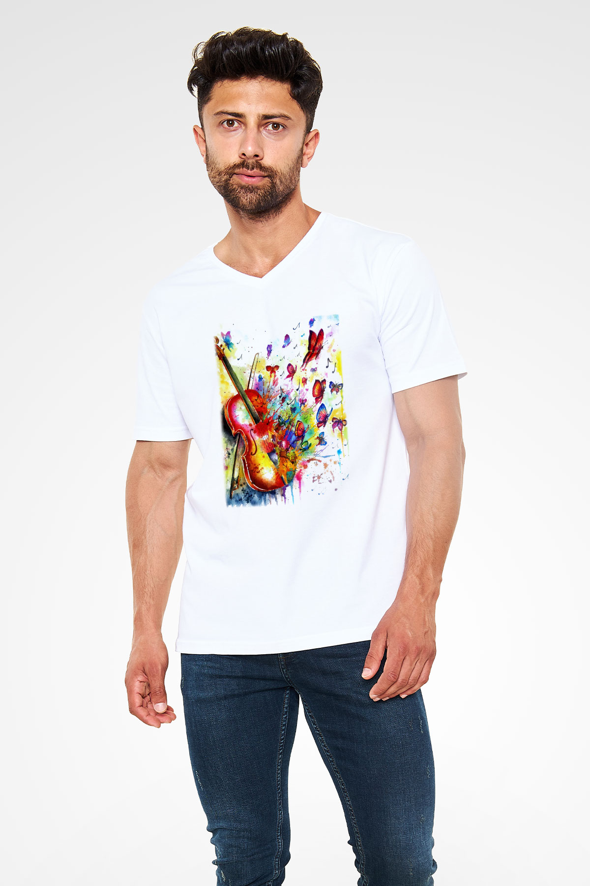 Kemancı Beyaz Unisex V Yaka Tişört T-Shirt