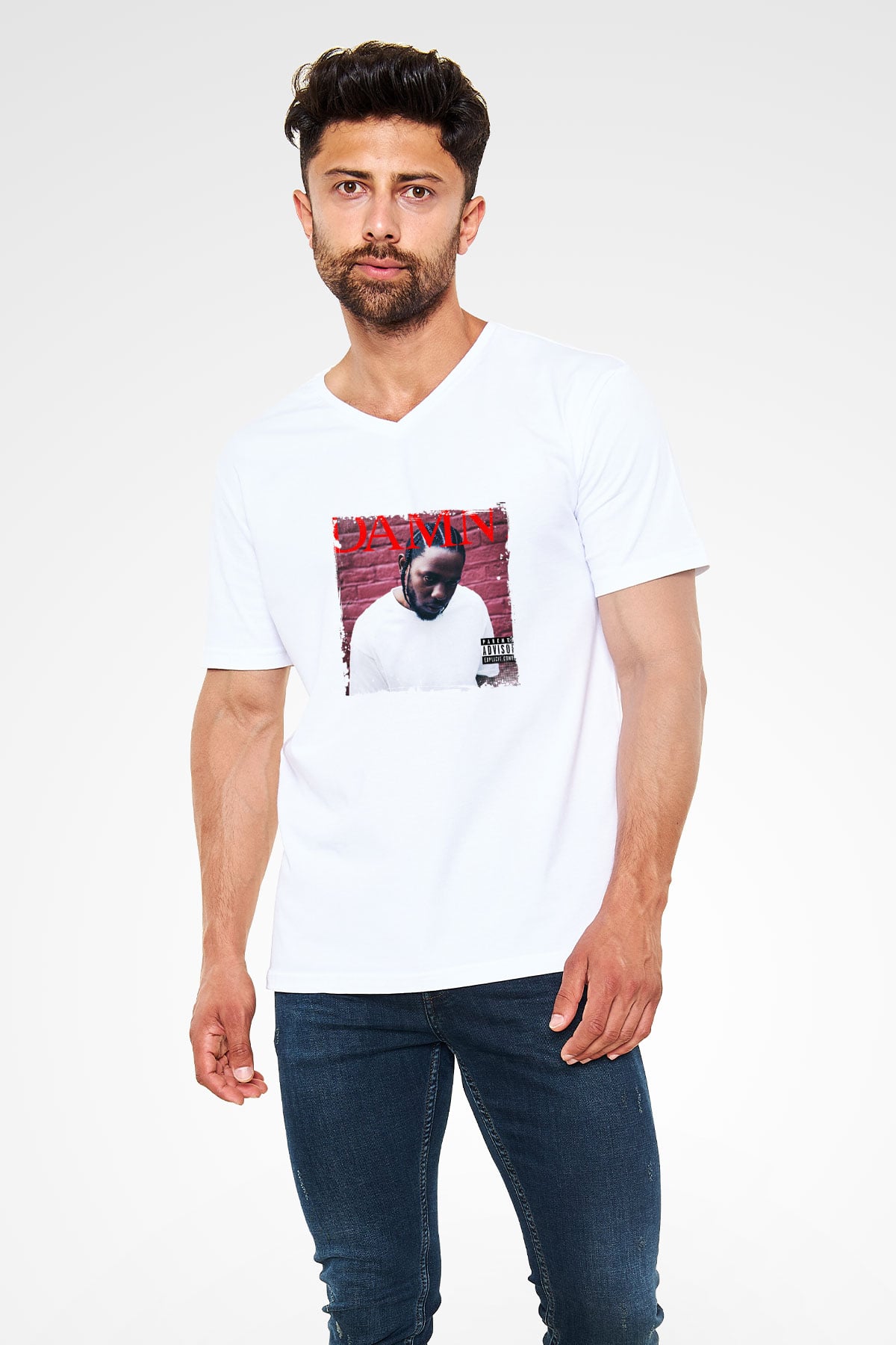Kendrick Lamar Baskılı Beyaz V Yaka Unisex Tişört