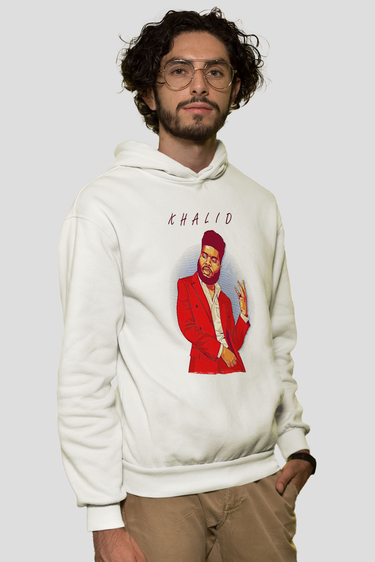 Khalid Baskılı Beyaz Unisex Kapüşonlu Sweatshirt