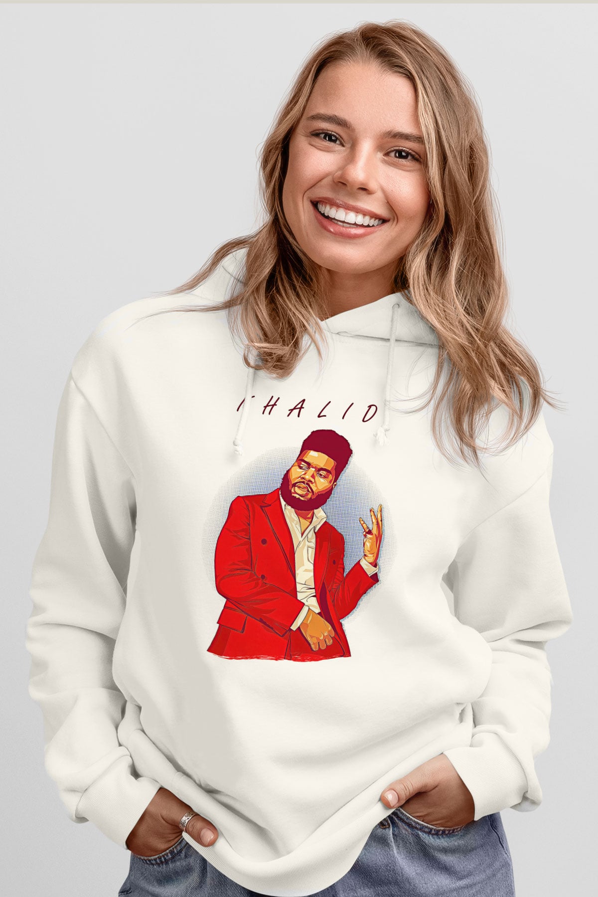 Khalid Baskılı Beyaz Unisex Kapüşonlu Sweatshirt