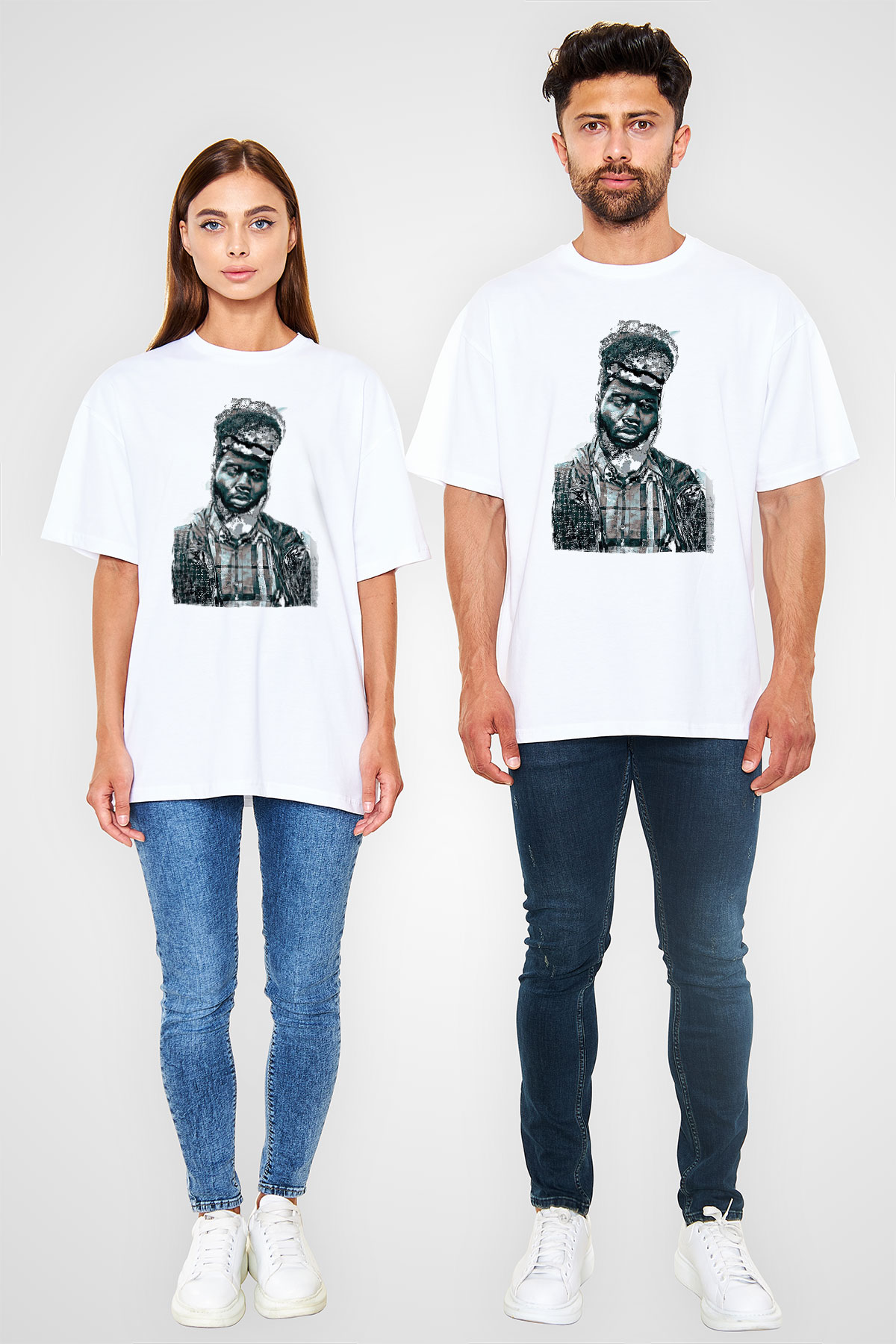 Khalid Baskılı Beyaz Unisex Oversize Tişört - Tshirt