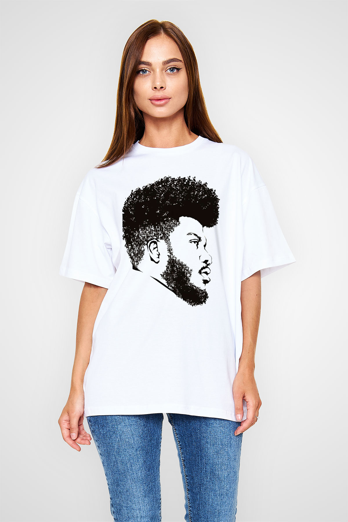 Khalid Baskılı Beyaz Unisex Oversize Tişört - Tshirt