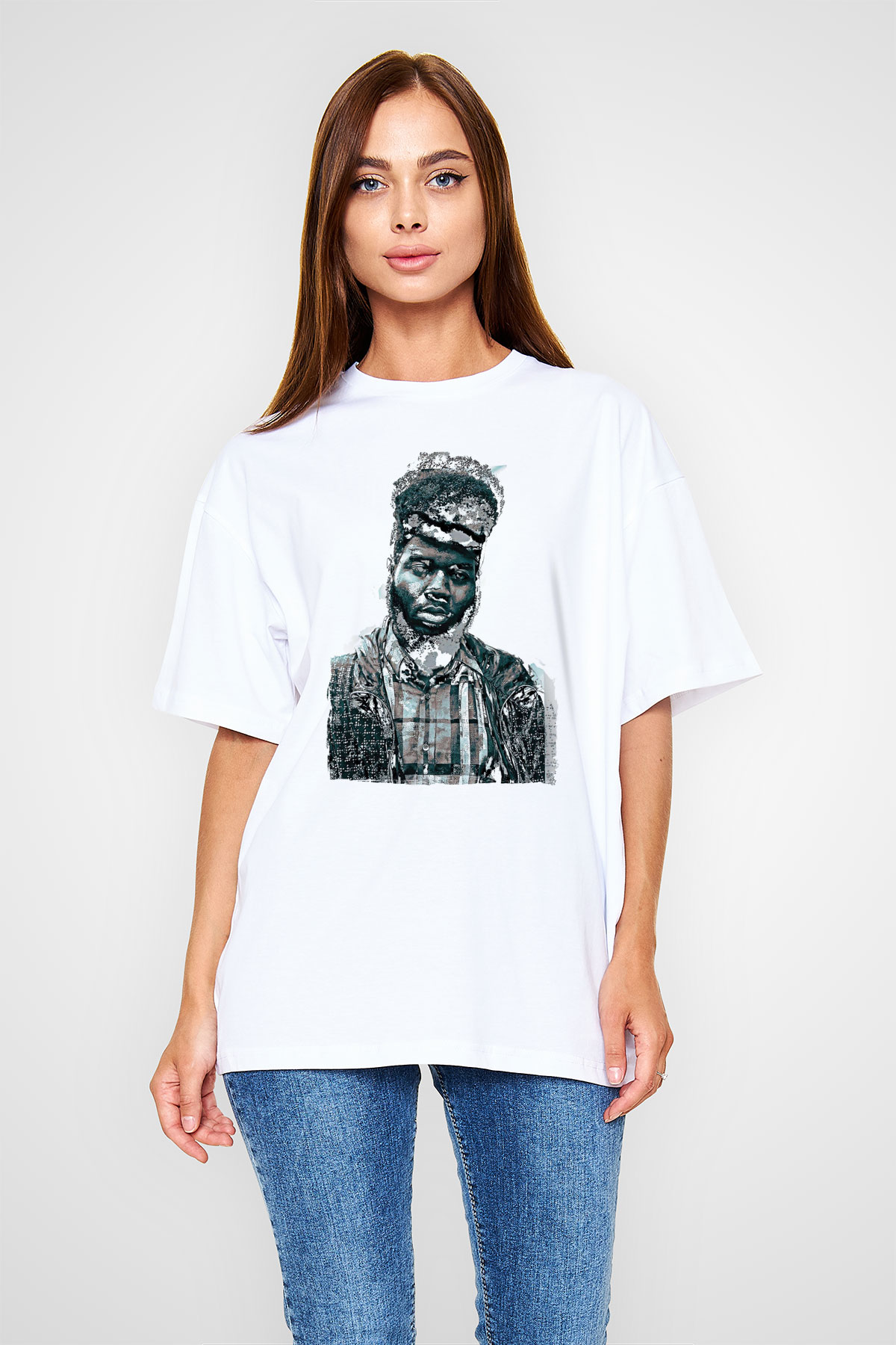 Khalid Baskılı Beyaz Unisex Oversize Tişört - Tshirt