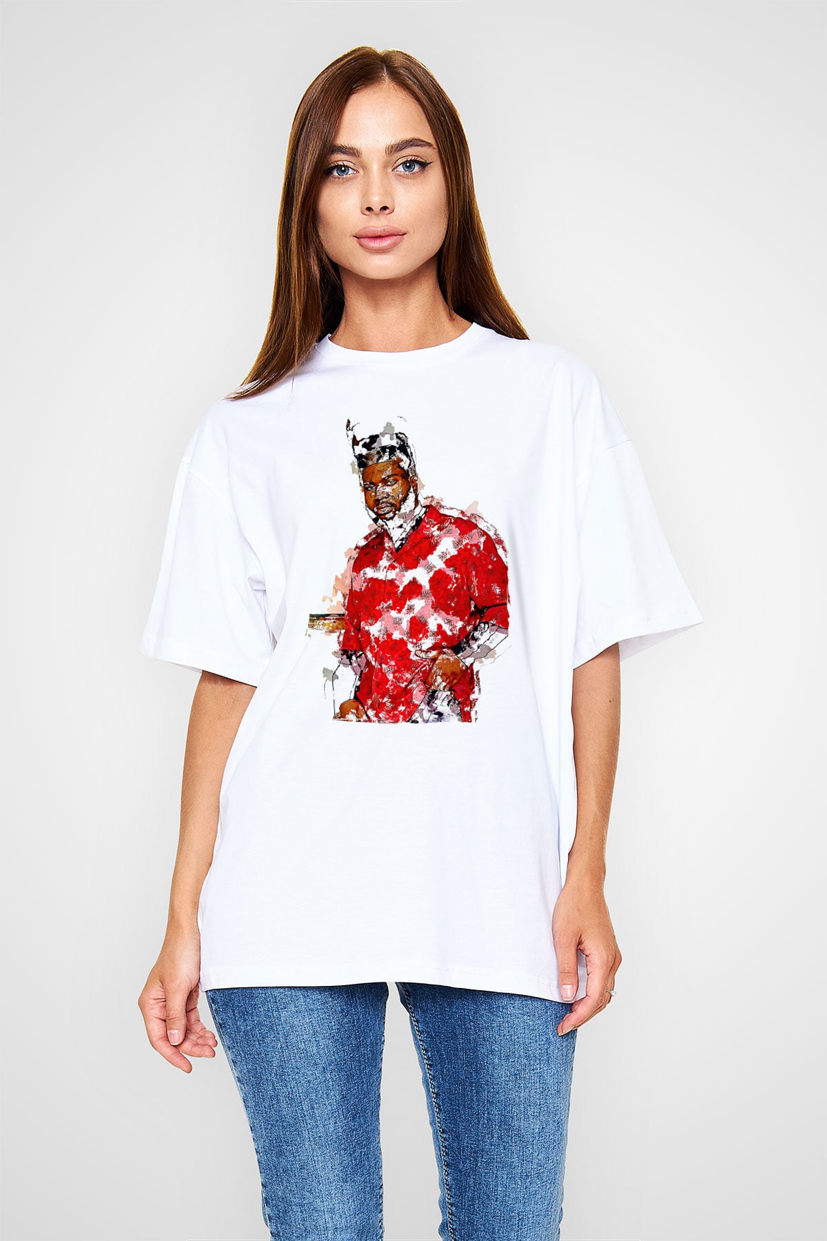 Khalid Baskılı Beyaz Unisex Oversize Tişört - Tshirt