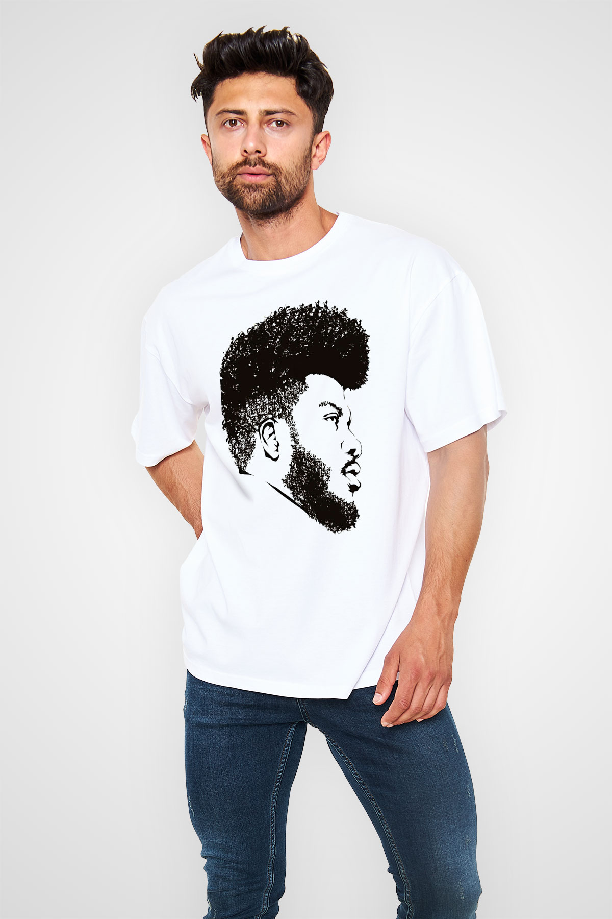 Khalid Baskılı Beyaz Unisex Oversize Tişört - Tshirt