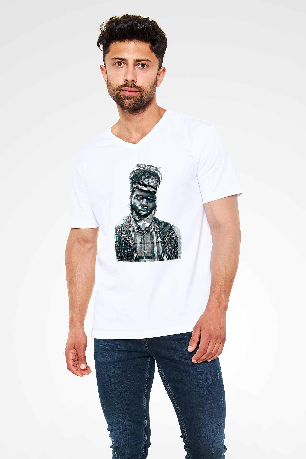 Khalid Baskılı Beyaz Unisex V Yaka Tişört - Tshirt