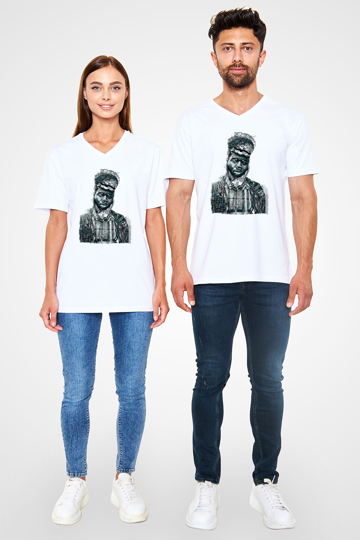 Khalid Baskılı Beyaz Unisex V Yaka Tişört - Tshirt