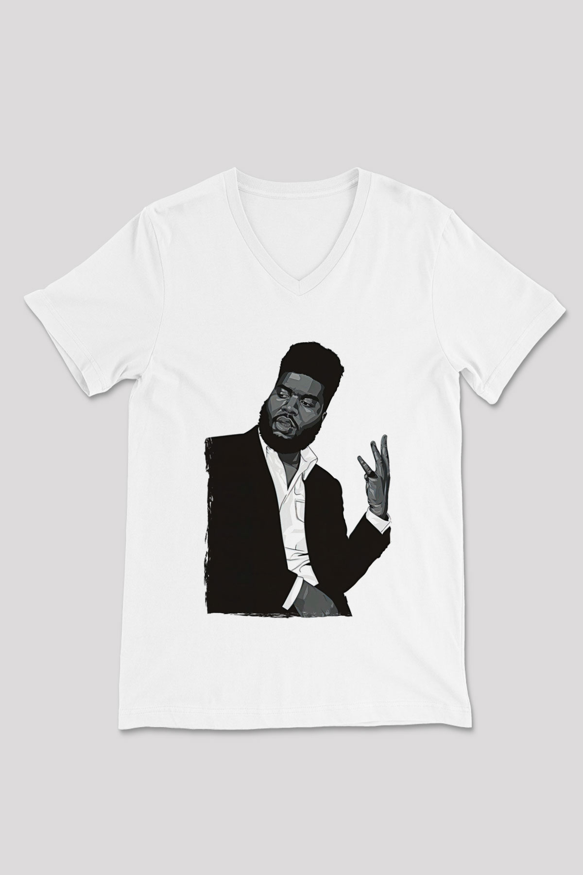 Khalid Baskılı Beyaz Unisex V Yaka Tişört - Tshirt