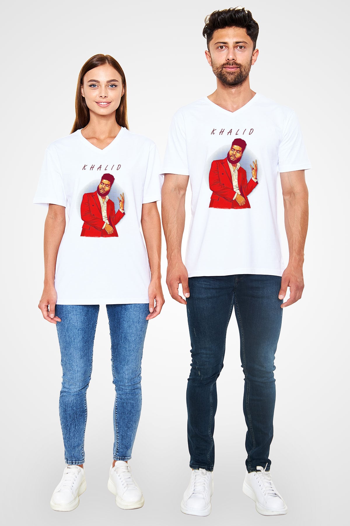 Khalid Baskılı Beyaz Unisex V Yaka Tişört - Tshirt