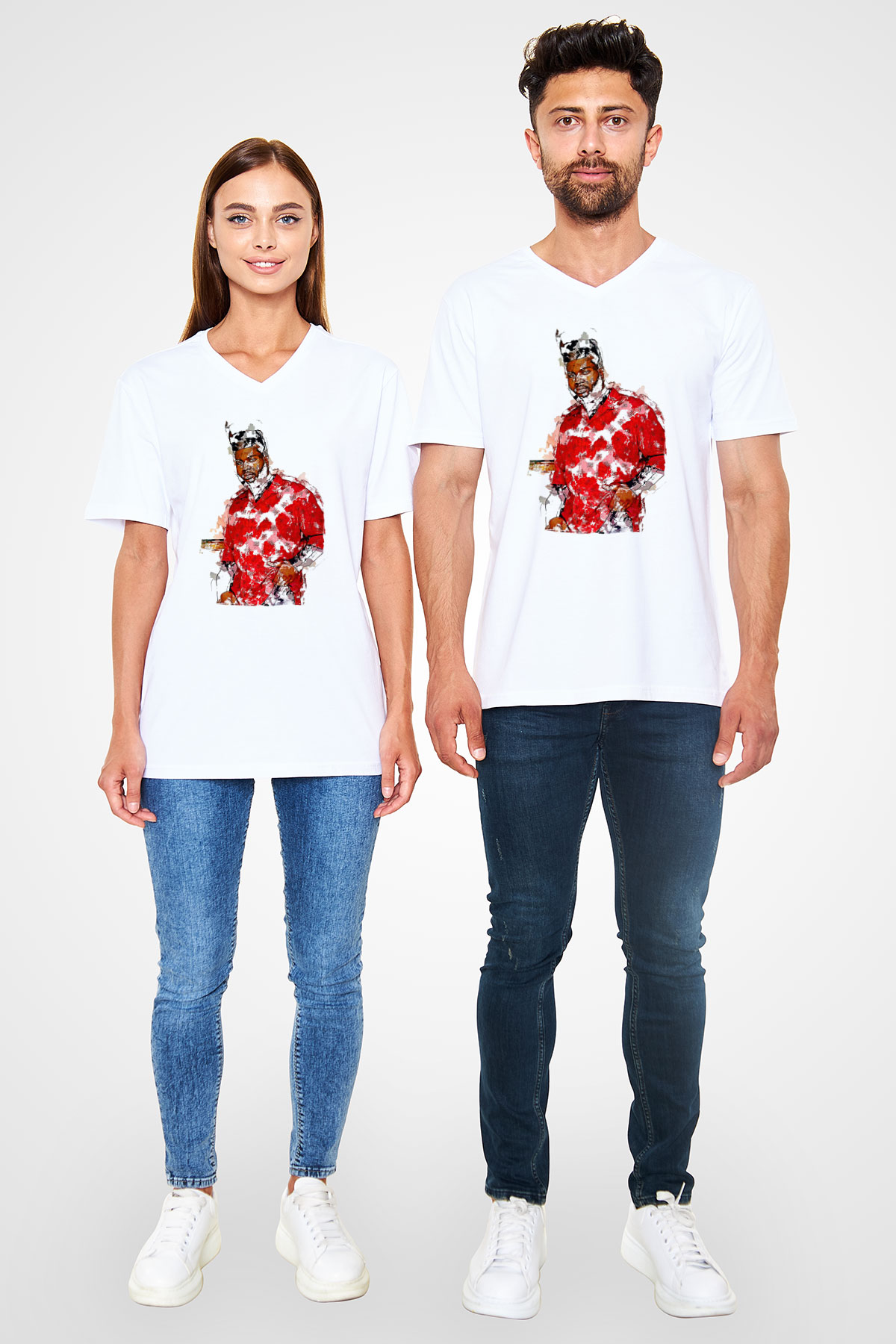 Khalid Baskılı Beyaz Unisex V Yaka Tişört - Tshirt