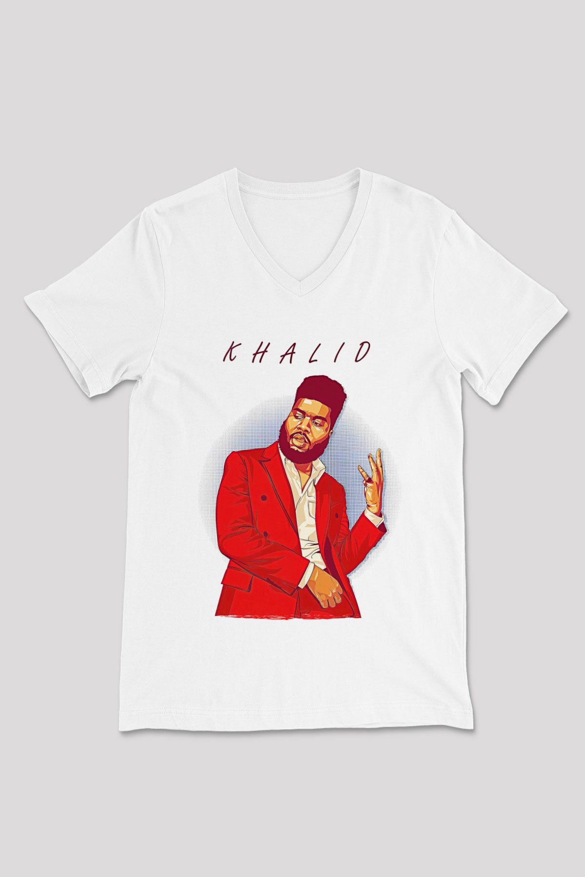 Khalid Baskılı Beyaz Unisex V Yaka Tişört - Tshirt