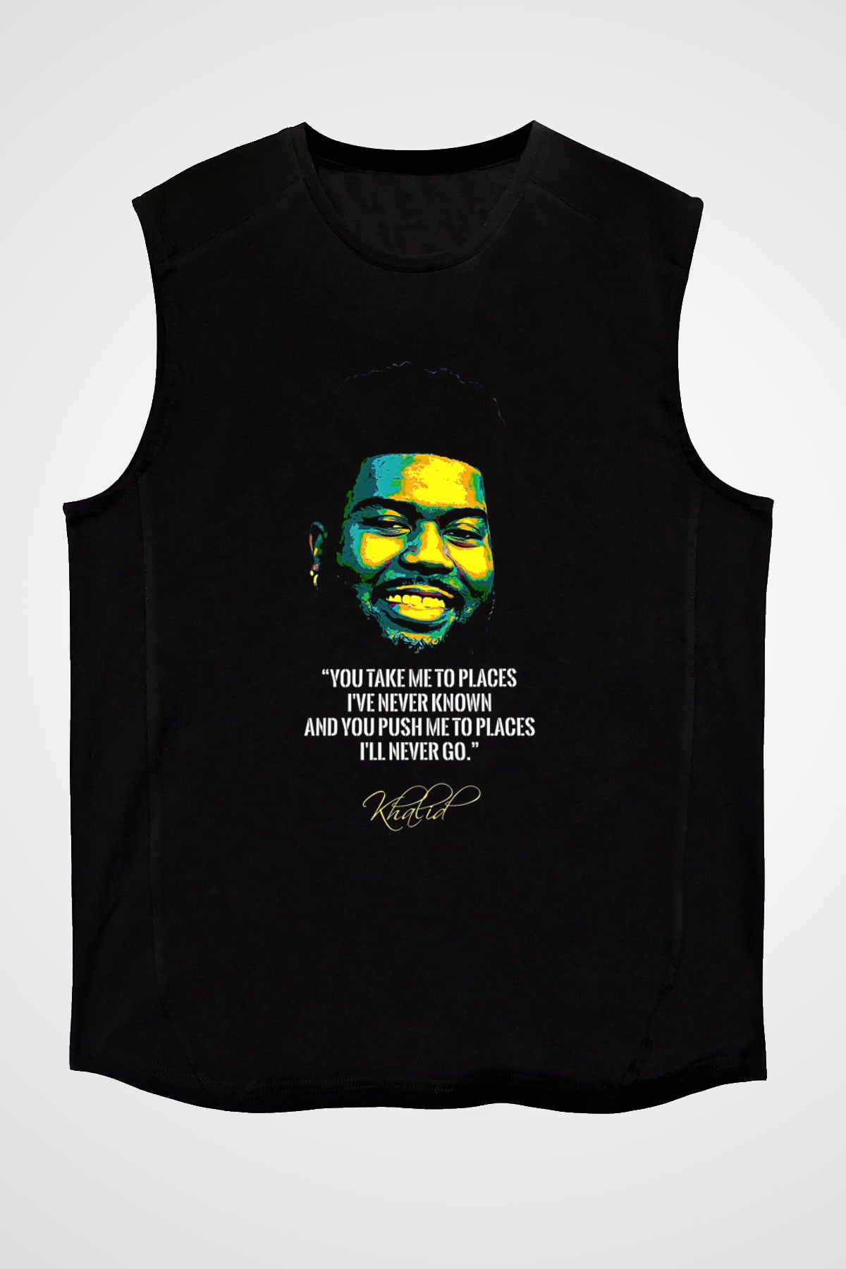 Khalid Baskılı Unisex Siyah Kolsuz Tişört - Tshirt