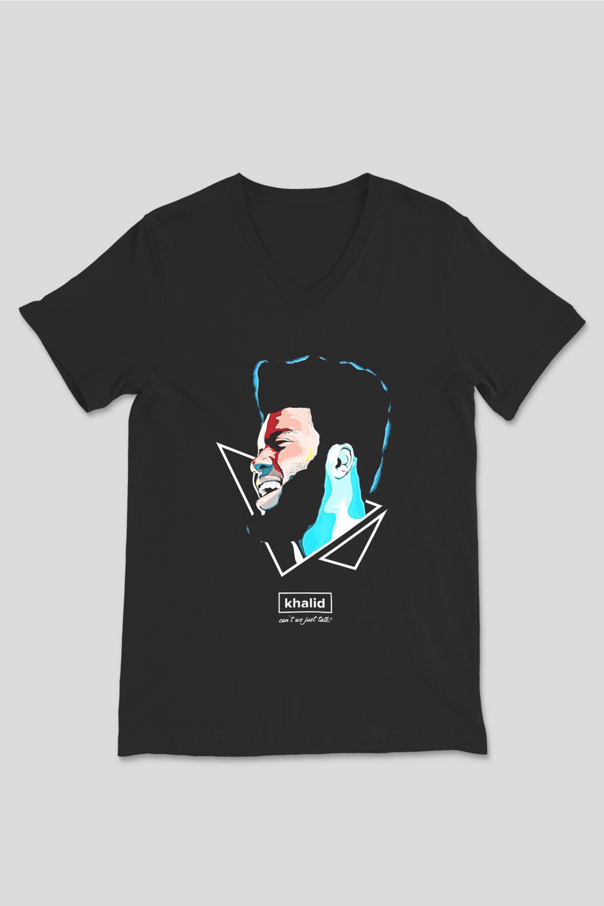 Khalid Baskılı Unisex Siyah V Yaka Tişört - Tshirt