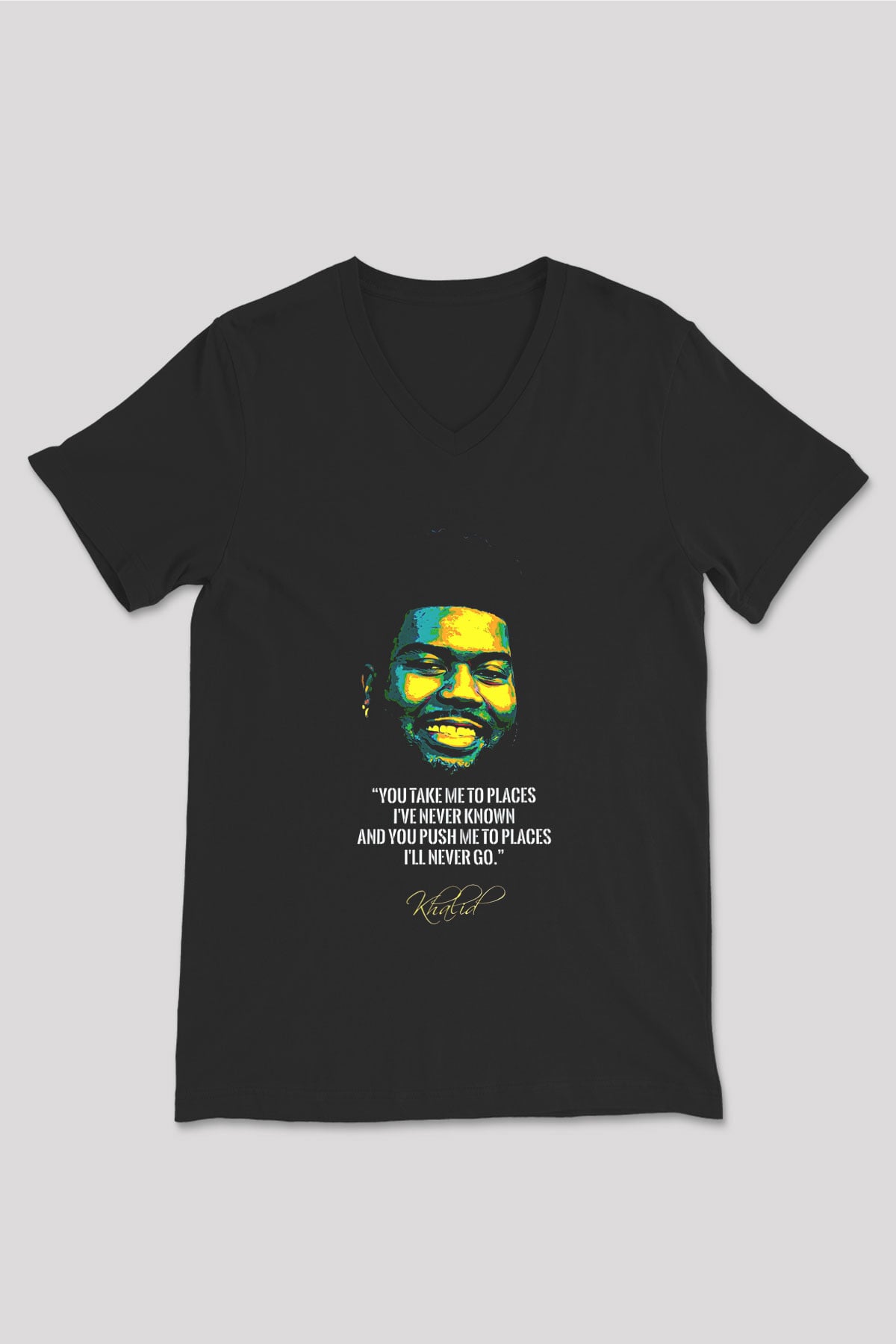 Khalid Baskılı Unisex Siyah V Yaka Tişört - Tshirt