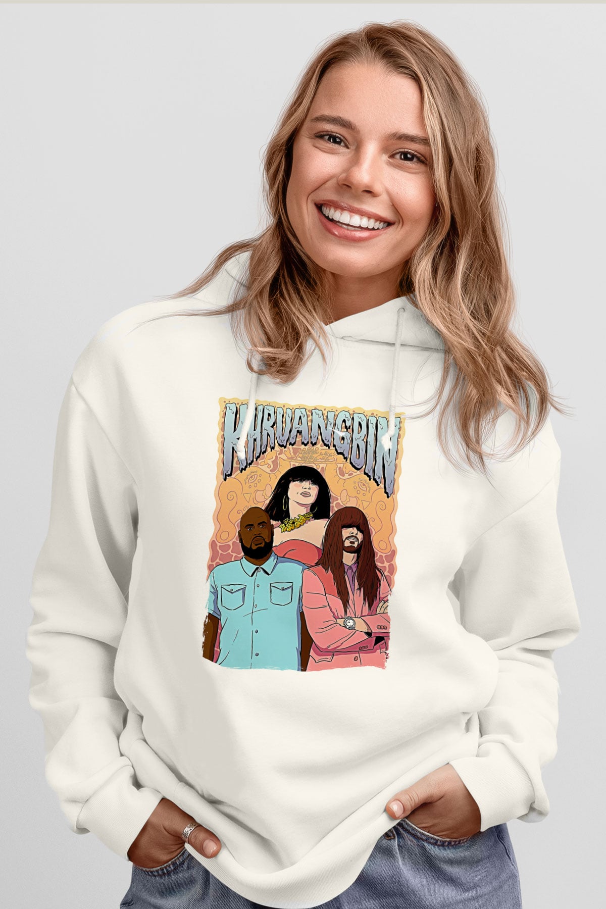 Khruanybin Baskılı Beyaz Unisex Kapüşonlu Sweatshirt