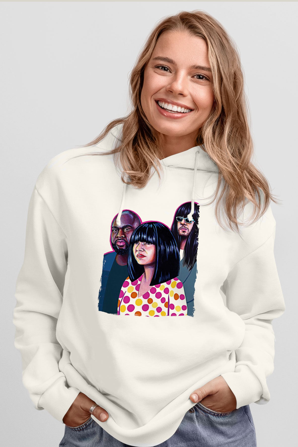 Khruanybin Baskılı Beyaz Unisex Kapüşonlu Sweatshirt