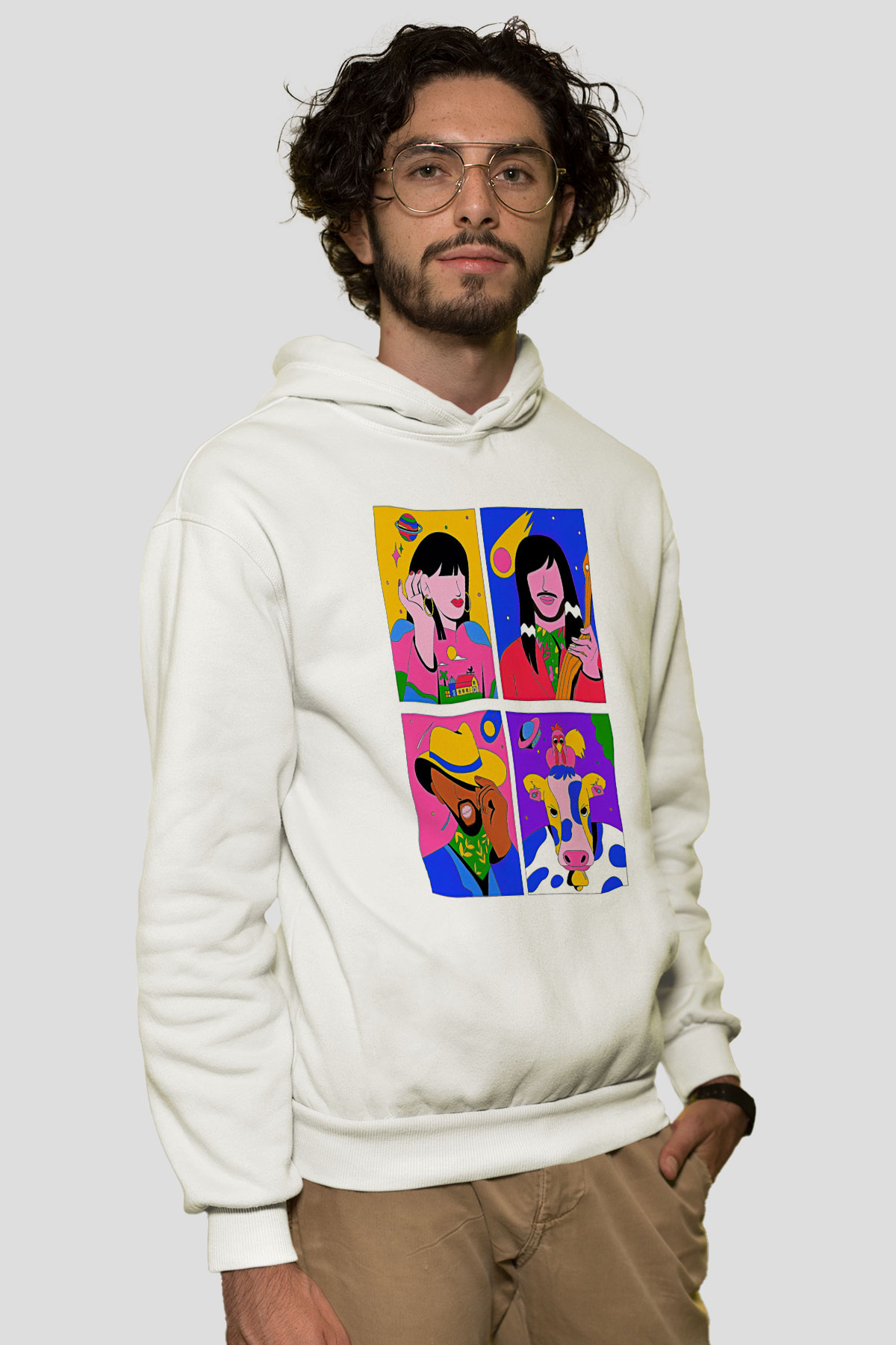 Khruanybin Baskılı Beyaz Unisex Kapüşonlu Sweatshirt