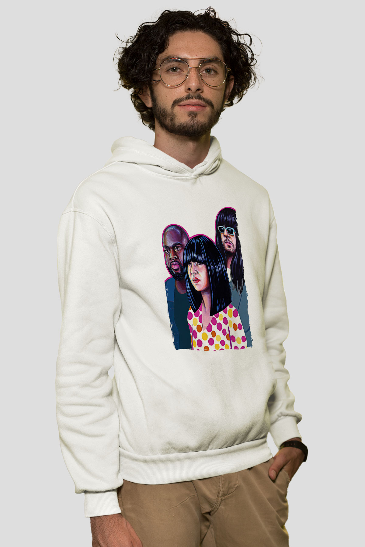 Khruanybin Baskılı Beyaz Unisex Kapüşonlu Sweatshirt