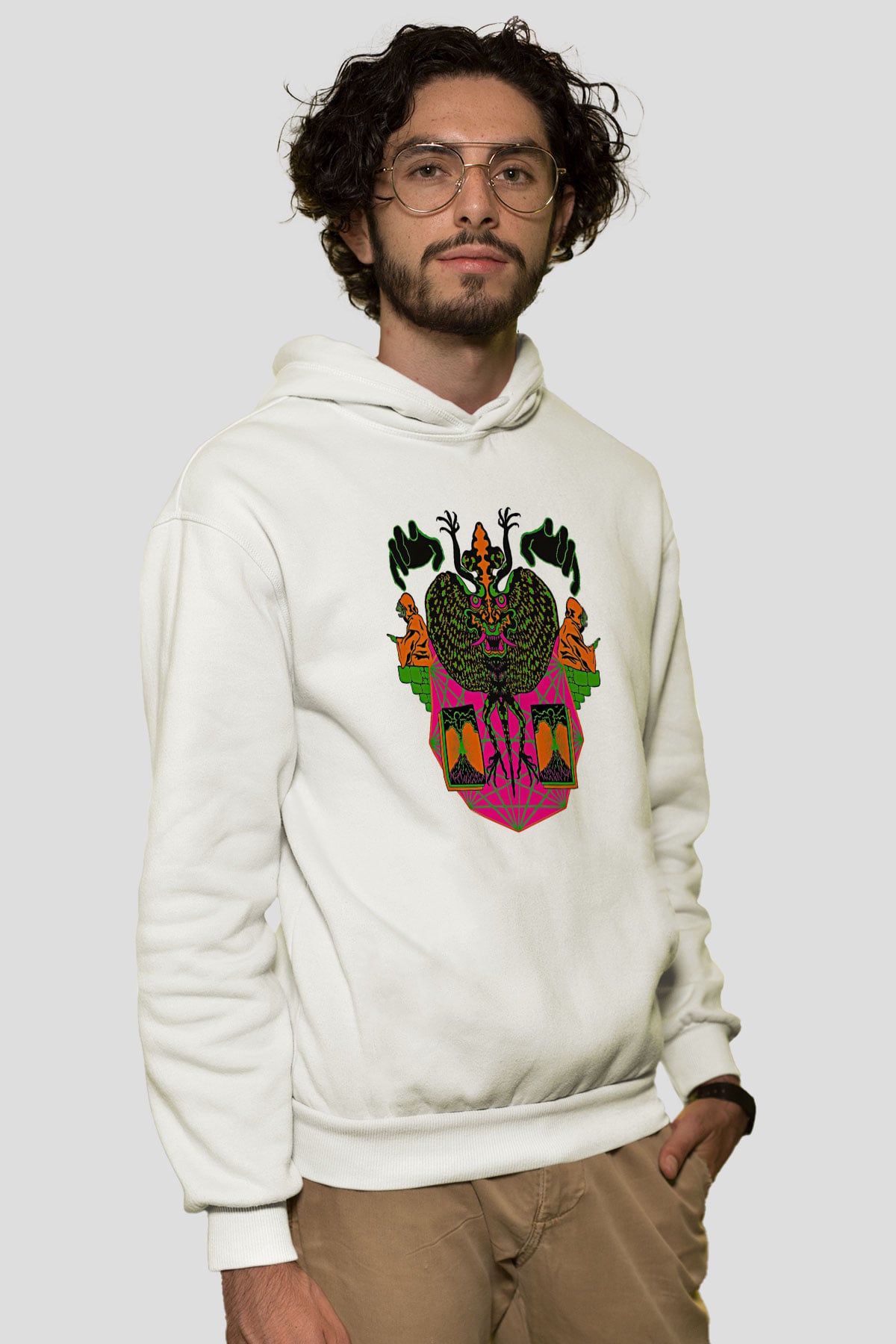 Khruanybin Baskılı Beyaz Unisex Kapüşonlu Sweatshirt
