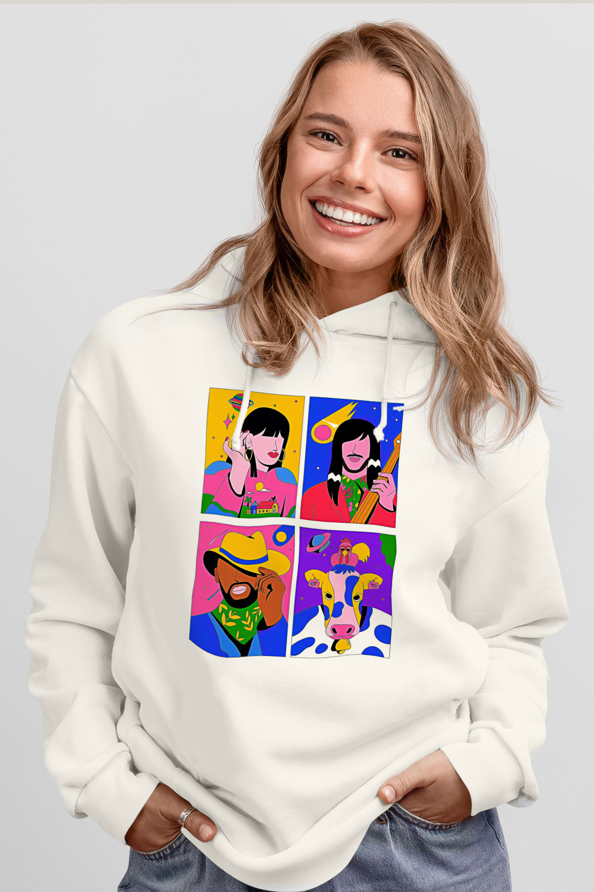 Khruanybin Baskılı Beyaz Unisex Kapüşonlu Sweatshirt