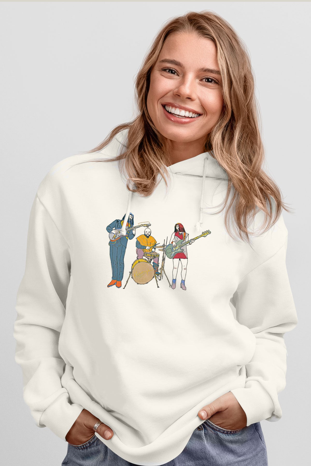 Khruanybin Baskılı Beyaz Unisex Kapüşonlu Sweatshirt