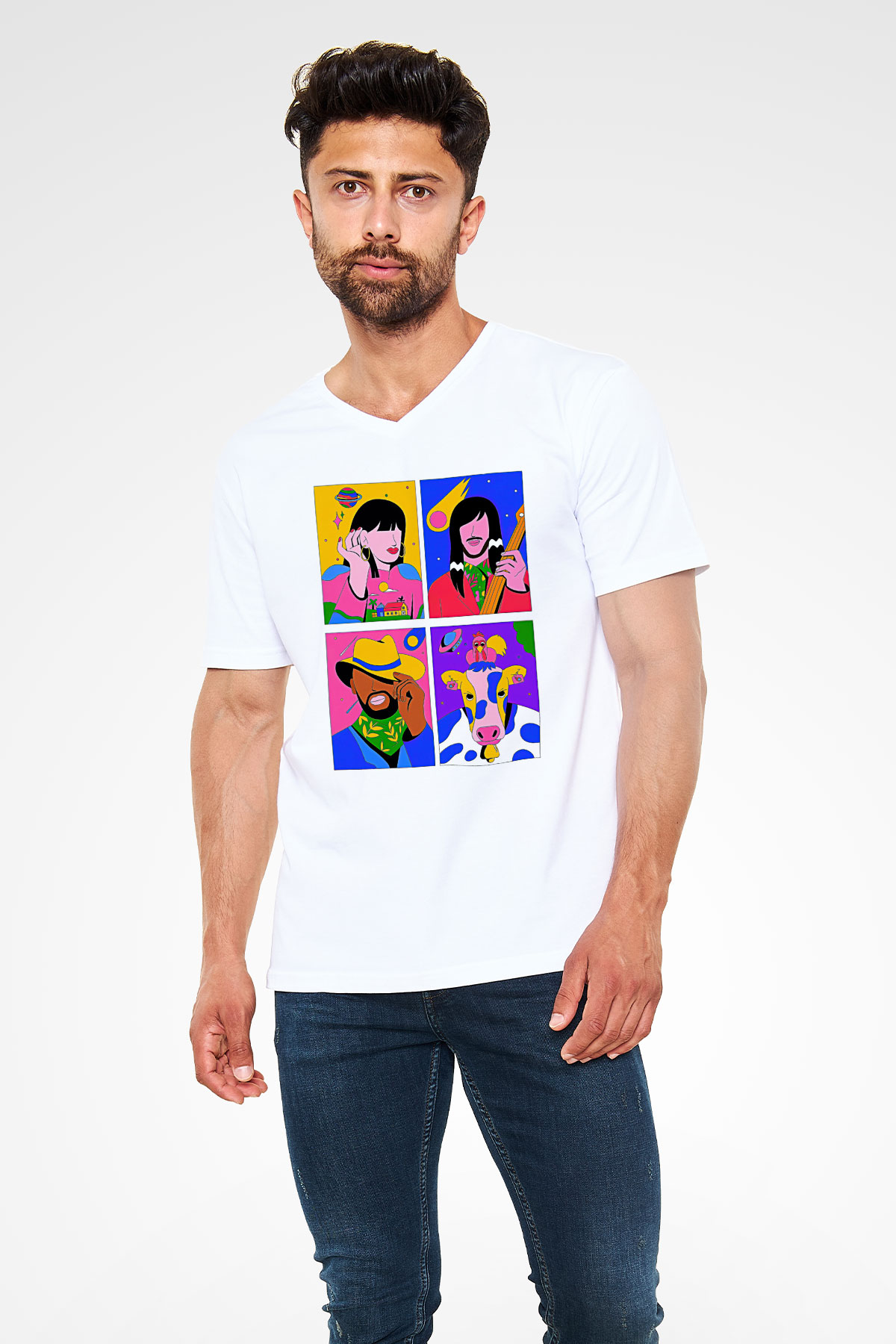 Khruanybin Baskılı Beyaz Unisex V Yaka Tişört - Tshirt