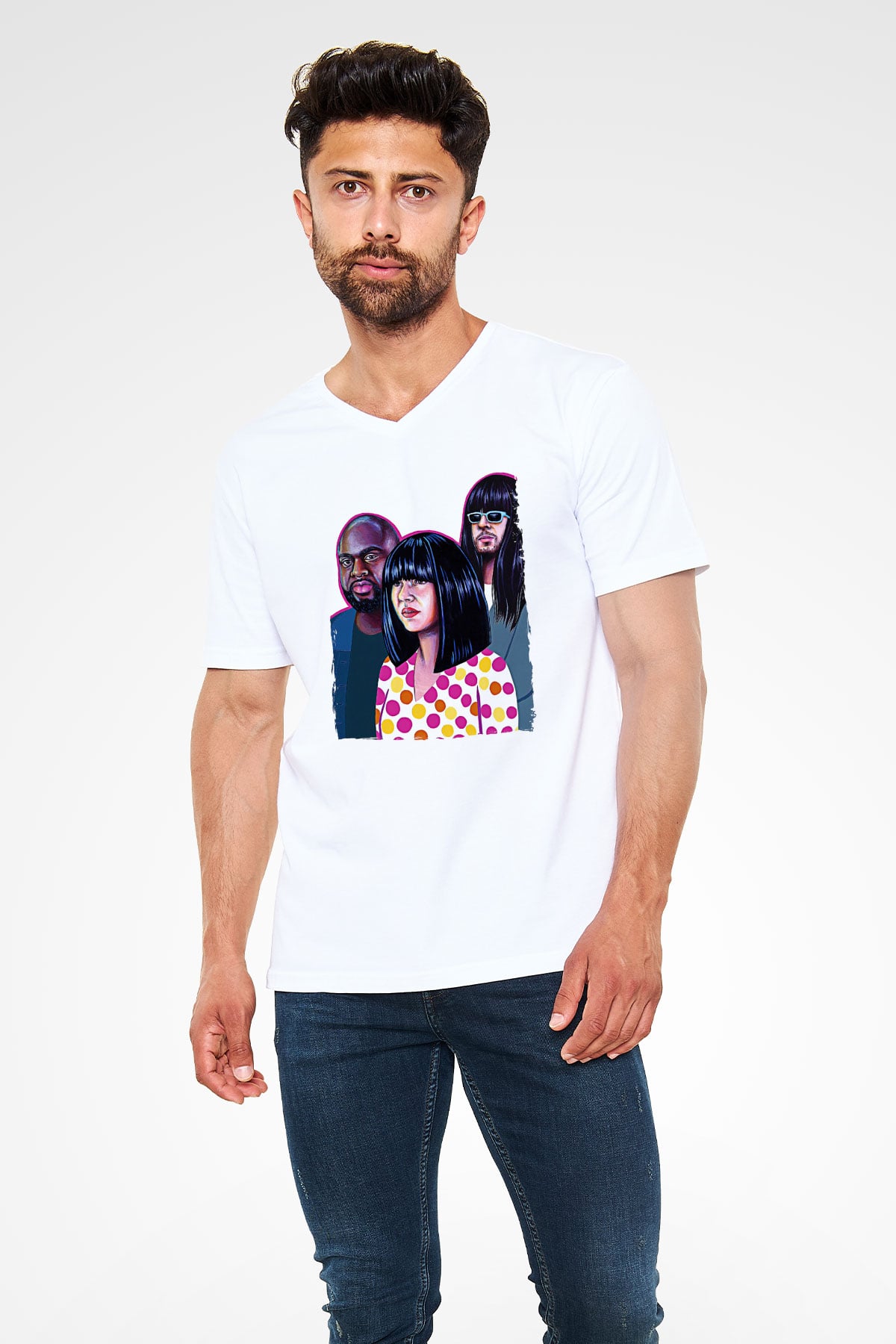 Khruanybin Baskılı Beyaz Unisex V Yaka Tişört - Tshirt