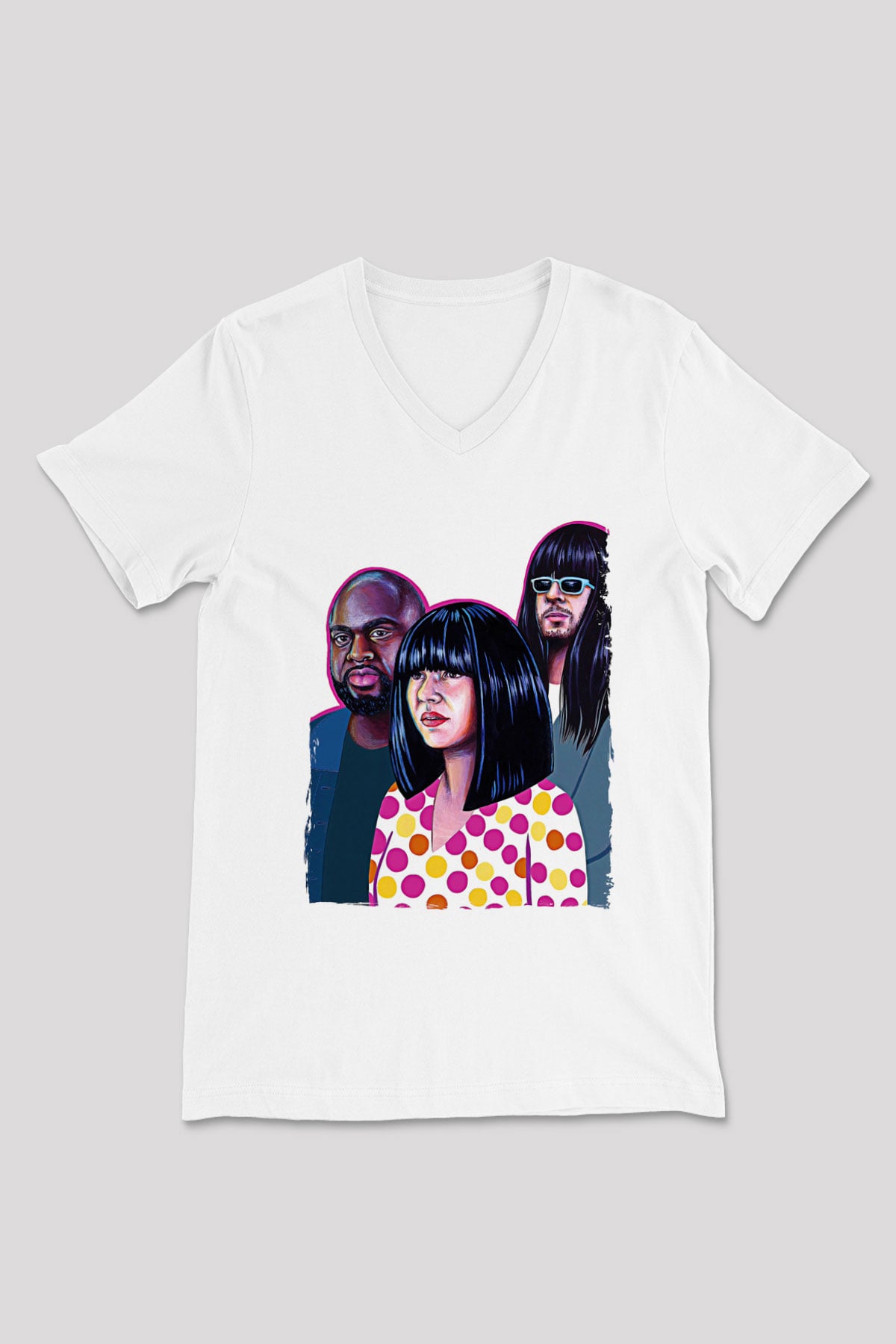 Khruanybin Baskılı Beyaz Unisex V Yaka Tişört - Tshirt