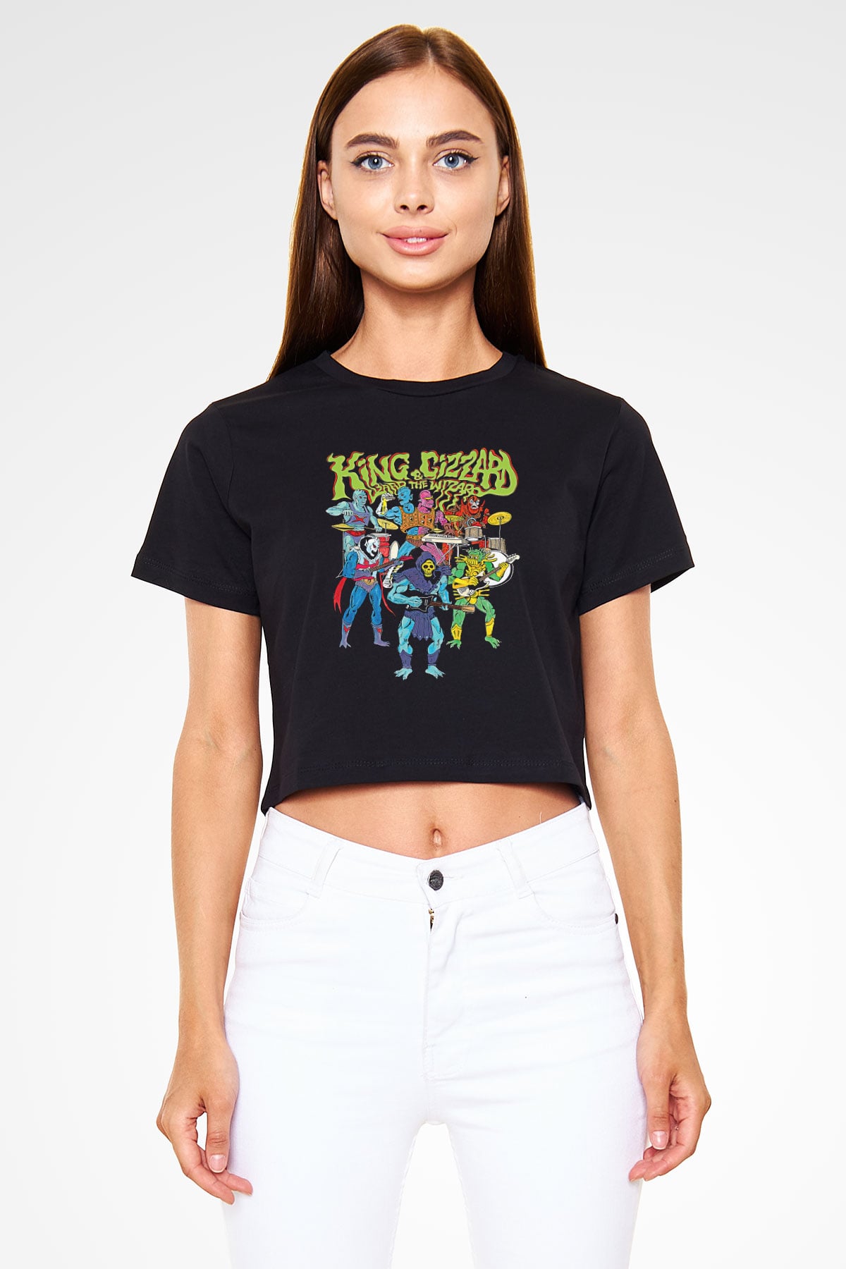Khruanybin Baskılı Siyah Crop Top Kadın Tişört - Tshirt